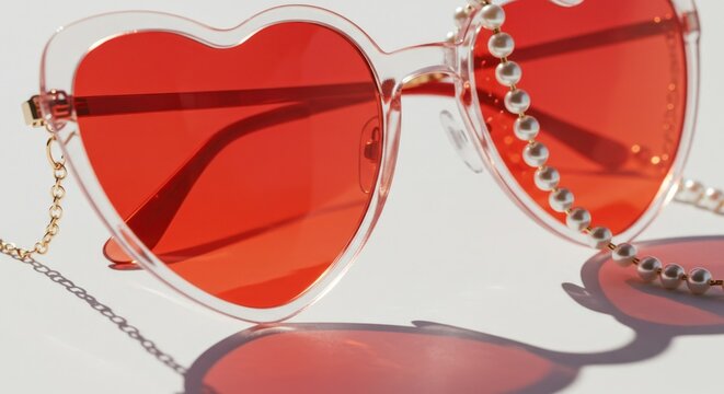 Close-up of heart-shaped sunglasses with a pearl chain. Clear frames, vibrant red lenses, and delicate gold accents - Powered by Adobe