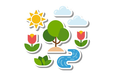 Spring nature scene, trees, flowers, river, sun, flat design, outdoor landscape, modern vector, environmental illustration