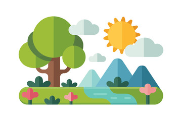 Nature landscape illustration, trees, sun, mountains, flat design, outdoor scenery, modern vector, environmental concept