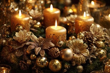 Decorated gold Christmas wreath with candles