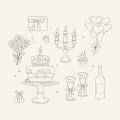 Festive hand-drawn set with birthday cake, wine bottle, candles, balloons, flowers, gift, and more. Perfect for celebration designs, greeting cards, and party invitations.


