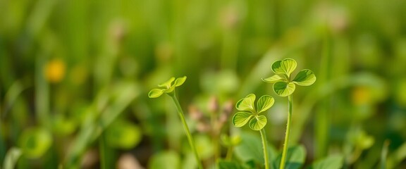 Three vibrant green clover leaves, sharply in focus, against a blurred summer field background,  green,  image