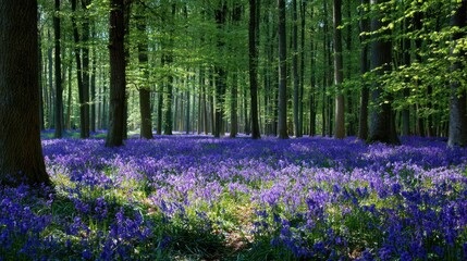 Lush forest floor blanketed in vibrant bluebells
