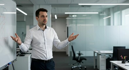 Businessman Presenting Data on Whiteboard in Modern Office, Gesturing with Hands.