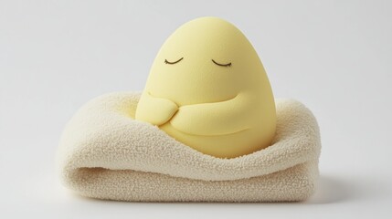 Yellow egg-shaped creature sleeps on a beige blanket