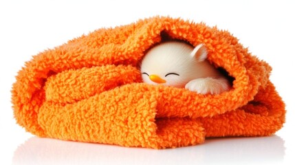 Small, white creature snuggled in orange blanket