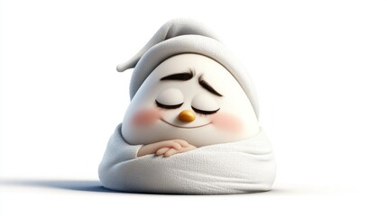 Cartoon snow-man, wrapped in a blanket, peaceful pose