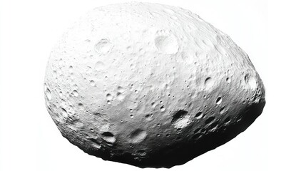 Fototapeta premium A 3D render of an irregularly shaped, cratered asteroid against a white background