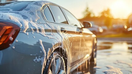 Car being washed with suds at sunset