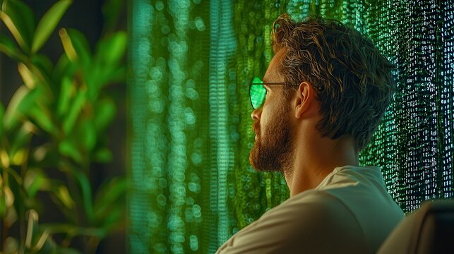 Thoughtful Man Contemplating Digital Code at Night