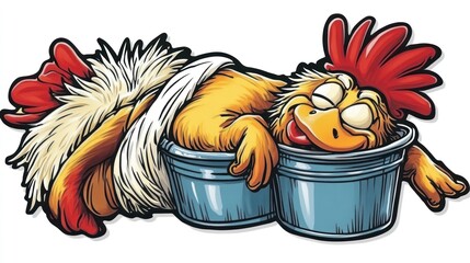 Cartoon chicken, sleeping in buckets