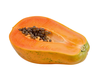 Ripe papaya with vibrant orange flesh and seeds on white background for healthy diet concept
