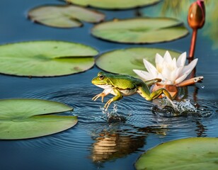green frog jumping over water lily pads in a pond