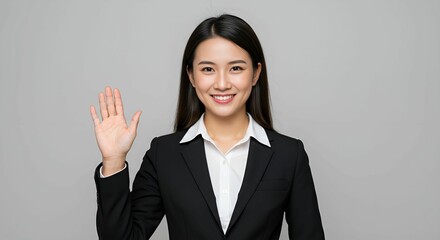 Confident Asian Businesswoman in Black Suit Raising Hand, Studio Portrait