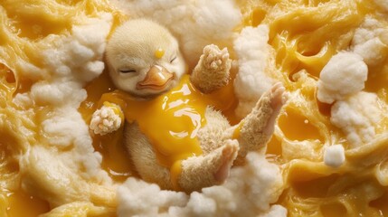 Tiny chick, yellow yolk, nestled in egg