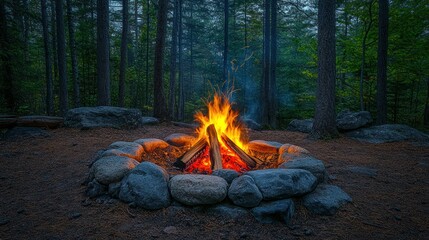 Campfire crackling in a stone ring in a forest