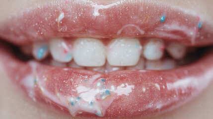 Extreme close-up of glossy lips covered in sparkly, sweet, pink frosting with colorful sprinkles