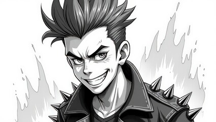 Fototapeta premium Monochrome Anime Bad Boy with Spikes and Mischievous Smile
