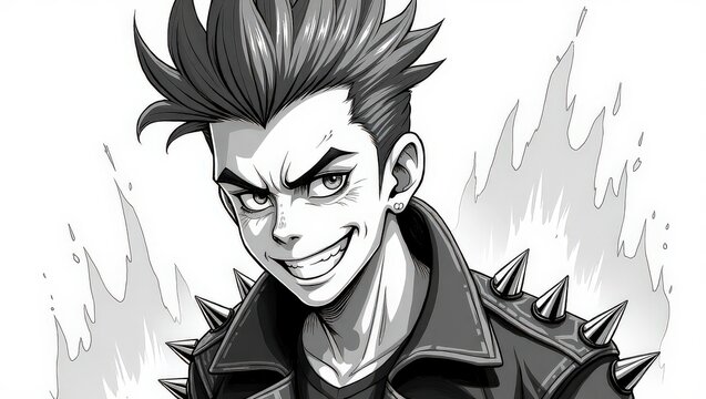  Monochrome Anime Bad Boy with Spikes and Mischievous Smile