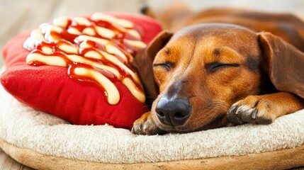 Dachshund sleeping, ketchup & mustard on pillow