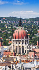 Panoramic view of Budapest with the iconic Hungarian Parliament and Buda Hills, captured from the observation deck of St. Stephen’s Basilica on a clear summer day.