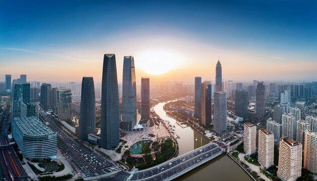 from above you can see ningbo china s skyline and modern buildings as the sun rises this area is the new east part of the city and is ningbo s main business and cultural spot