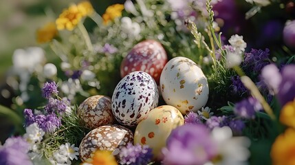 Obraz premium Decorated eggs nestled among springtime flowers.