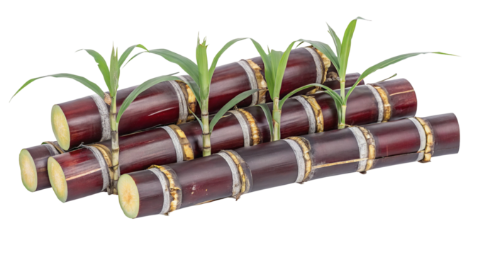 Fresh cut sugarcane with bright green leaves isolated on white background agriculture concept