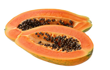 Fresh ripe papaya fruit with seeds isolated on white background in a close-up healthy food photo