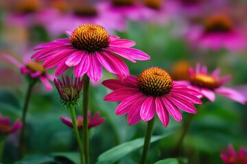 Obraz premium Detailed view of bright pink coneflowers in a lush garden