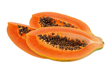 Freshly sliced papaya fruit with juicy seeds isolated on white background for health benefits
