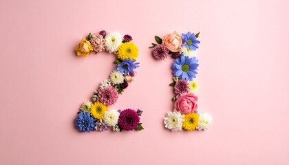 Number 21 made out of flowers with colored background. Photo for 21st birthday or anniversary party