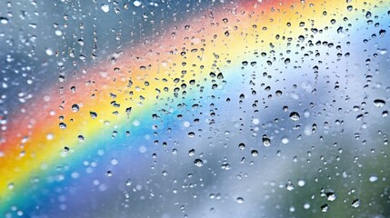 Obraz premium Rain-covered window pane reveals a vibrant rainbow, droplets clinging to the glass, blurring the colorful arc