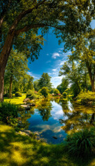 Serene park with lush greenery and calm reflective water on a bright, sunny day