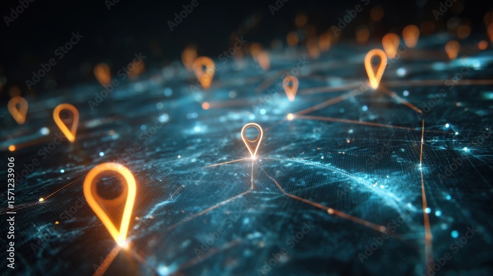 Poster dynamic 4k animation of a futuristic digital map filled with glowing location pins and interconnecte