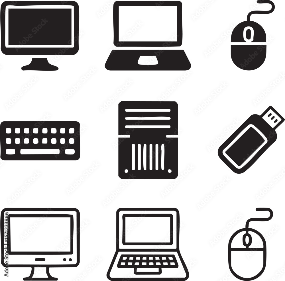 Fototapete computer hardware icon set featuring desktop laptop keyboard mouse flash drive and server icons