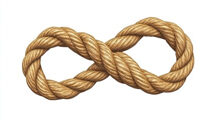 A thick, tan rope is meticulously woven into an infinity symbol, isolated on a white background