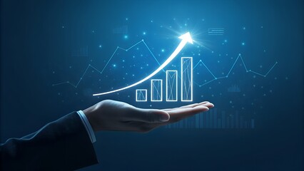 Business Growth Concept with Bar Graph, Arrow, and Hand over Digital Network