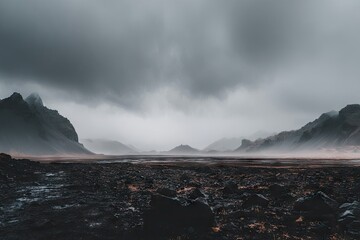 Vast, rocky landscape under a brooding sky