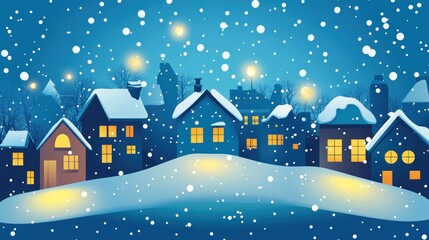Fototapeta premium Snow-covered village at night, illuminated houses, falling snow, dark blue sky, winter scene