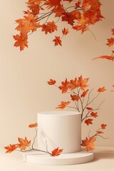 White podium stand with autumn orange maple leaves. Product display for fall season promotion. 3D render stage for cosmetic showcase.