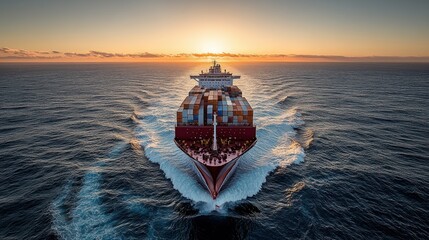 Fototapeta premium Cargo ship at sunset, powerful, ocean
