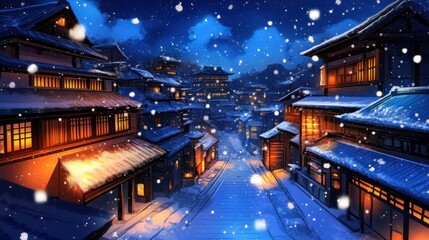 Obraz premium Snow-covered Asian village street at night, warm lights glow from traditional buildings, softly falling snow