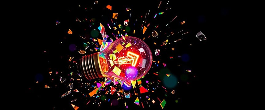 A light bulb shattering into vibrant rainbow-colored fragments,  color,  rainbow