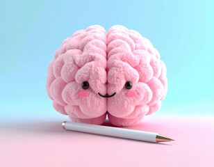 Cute plush brain with a smiling face and a pen beside it. 3D Emoji