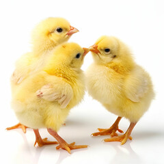 Fototapeta premium Three fluffy yellow chicks stand closely together, isolated on a clean white background.