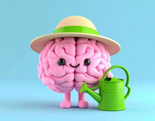 Playful brain character with a hat and watering can. 3D Emoji