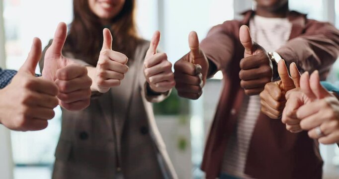 Teamwork, business people and thumbs up with hands for success emoji, celebration or good job. Group, office and like hand gesture for collaboration, excellence or vote for best choice with agreement