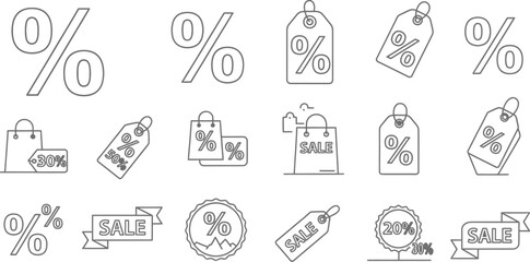 Collection of various black and white sale and discount line icons