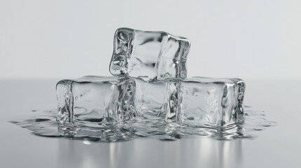Clear ice cubes stacked, melting